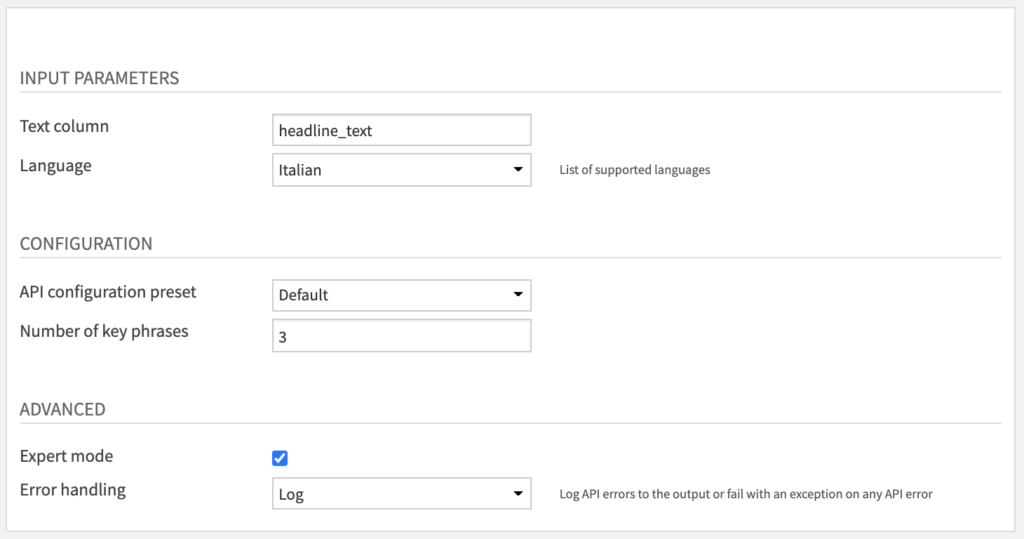 Key Phrase Extraction Recipe Settings